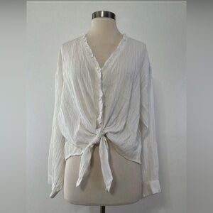 Wishlist Apparel White Textured Gauze Ruffle Trim Tie Front Long Sleeve Top